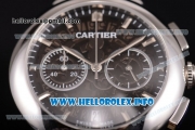 Cartier Rotonde De Chrono Miyota Quartz Steel Case with Black Skeleton Dial and Brown Leather Strap - Stick Markers