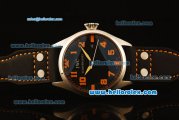 IWC Pilot Swiss Quartz Steel Case with Black Dial and Black Leather Strap-Orange Markers