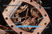 Richard Mille Tourbillon RM 057 Dragon Swiss ETA 2824 Automatic Rose Gold&Diamonds Case with Black Rubber Strap and Dragon Dial