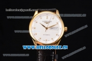 Longines Master Day Date Swiss ETA 2824 Automatic Yellow Gold Case with White Dial Black Leather Strap and Diamonds Markers