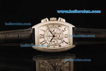 Franck Muller Chronograph Swiss Quartz Movement Steel Case with Diamond Bezel and Black Leather Strap-7750 Coating Case