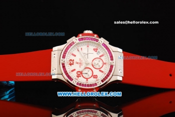 Hublot Big Bang Chronograph Miyota Quartz Movement White Dial with Red Markers and Pink Diamond Bezel - Red Rubber Strap