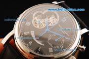 Patek Philippe Tourbillon Swiss Valjoux 7750 Manual Winding Movement Steel Case with Black Dial and Black Leather Strap