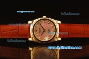 Rolex Cellini Swiss Quartz Yellow Gold Case with Pink MOP Dial and Brown Leather Strap-Diamond Markers