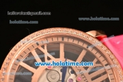 Cartier Rotonde De Swiss Quartz Rose Gold Case with Diamonds Bezel Skeleton Dial and Hot Pink Leather Strap