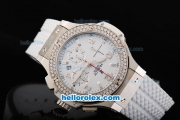 Hublot Big Bang Swiss Valjoux 7750 Automatic Movement Steel Case with Double Row Diamond Bezel-White Dial and White Rubber Strap