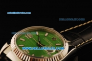 Rolex Datejust Automatic with Green Dial and ETA case-White Bezel-Diamond Marking-Small Calendar-Black Leather Strap