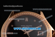 Patek Philippe Calatrava Miyota 9015 Automatic Rose Gold Case with Black Dial Black Leather Strap and Diamonds Markers Diamonds Bezel