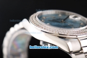 Rolex Day Date II Automatic Movement Full Steel with Double Row Diamond Bezel with Diamond Markers and Light Blue Dial