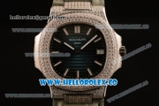 Patek Philippe Nautilus Miyota 9015 Automatic Diamonds/Steel Case with Blue Dial Diamonds Bezel and Green Leather Strap (AAAF)