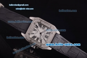 Cartier santos 100 Asia 2813 Automatic with Diamond Bezel and White Dial--Black Leather Strap