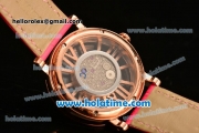 Cartier Rotonde De Swiss Quartz Rose Gold Case with Diamonds Bezel Skeleton Dial and Hot Pink Leather Strap