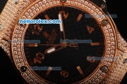 Hublot Big Bang Swiss Quartz Movement Rose Gold Case with Black Dial and Double Row Diamond Bezel