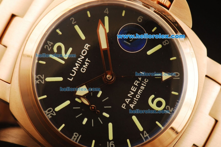 Panerai Luminor GMT Automatic Movement Rose Gold Case with Black Dial and Green Stick Markers - Middle Size - Click Image to Close