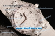 Audemars Piguet Royal Oak Ladies Swiss Quartz Steel/Diamond Case with White Leather Bracelet and White Dial - 1:1 Original