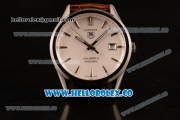 Tag Heuer Carrera Calibre 5 wiss ETA 2824 Automatic Steel Case with White Dial Stick Markers and Brown Leather Strap