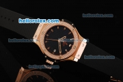 Hublot Big Bang Swiss Quartz Movement Black Grid Dial with Diamond Bezel and Rose Gold Stick Markers-Lady Size