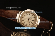 Patek Philippe Nautilus Swiss ETA 2824 Automatic Steel Case with Diamond Bezel and White Dial-Brown Leather Strap 1:1 Original