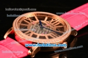 Cartier Rotonde De Swiss Quartz Rose Gold Case with Diamonds Bezel Skeleton Dial and Hot Pink Leather Strap