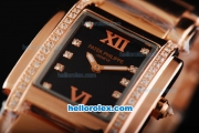Patek Philippe Quartz Movement Full Diamond Bezel with Black Dial and Full Rose Gold--Lady size