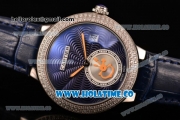 Cartier Rotonde De Swiss Quartz Steel Case with Blue Guilloche Dial Diamonds Bezel and Blue Leather Strap