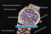 Rolex Datejust Asia 2813 Automatic Steel Case with Diamonds Bezel Purple Dial and Roman Numeral Markers (BP)
