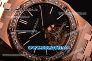 Audemars Piguet Royal Oak 41MM Swiss Tourbillon Manual Winding Full Rose Gold with Black Dial Diamonds Bezel and Stick Markers (FT)