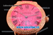 Cartier Ballon Bleu De Small Swiss Quartz Rose Gold Case with Diamonds Bezel Hot Pink Dial and Hot Pink Leather Strap - Black Markers