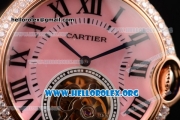 Cartier Ballon Bleu De Tourbillon Swiss Tourbillon Manual Winding Rose Gold Case with Pink Dial Pink Leather Strap and Roman Numeral Markers