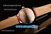 Cartier Ballon Bleu De Small Swiss Quartz Steel Case with Diamonds Bezel Red Dial and Red Leather Strap - White Markers