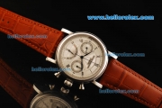 Patek Philippe Chronograph Swiss Valjoux 7750 Manual Winding Movement Steel Case with White Dial and Brown Leather Strap