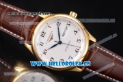 Longines Master Day Date Swiss ETA 2824 Automatic Yellow Gold Case with White Dial Arabic Numeral Markers and Brown Leather Strap