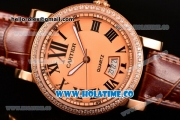 Cartier Rotonde De Miyota Quartz Rose Gold Case with Rose Gold Dial Diamonds Bezel and Roman Numeral Markers