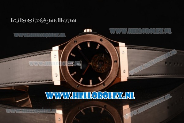 Hublot Classic Fusion Tourbillon Manual Winding Rose Gold Case with Black Dial and Black Leather Strap - Click Image to Close