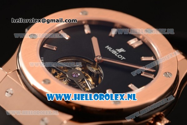Hublot Classic Fusion Tourbillon Manual Winding Rose Gold Case with Black Dial and Black Leather Strap - Click Image to Close