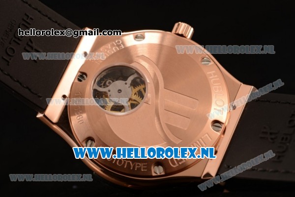 Hublot Classic Fusion Tourbillon Manual Winding Rose Gold Case with Black Dial and Black Leather Strap - Click Image to Close