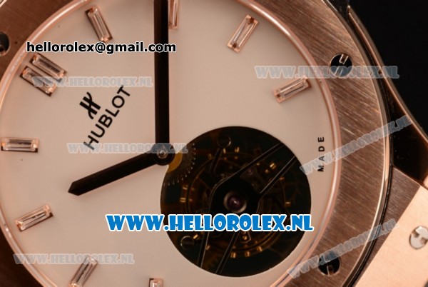 Hublot Classic Fusion Tourbillon Manual Winding Rose Gold Case with White Dial and Black Leather Strap - Click Image to Close