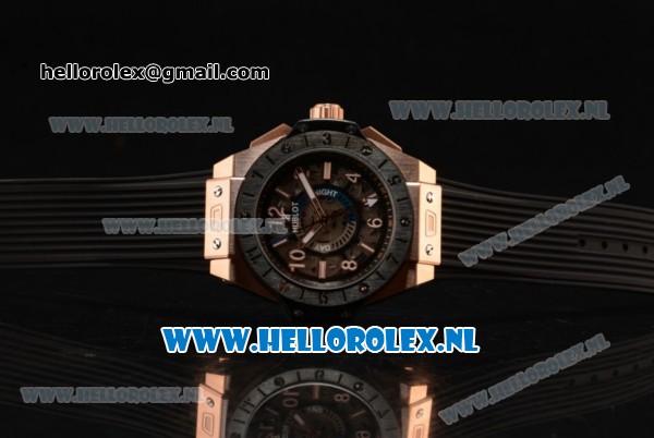 Hublot Big Bang Unico GMT Asia Auto Rose Gold Case with Skeleton Dial and Black Rubber Strap - Click Image to Close