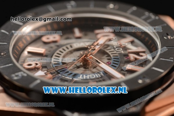 Hublot Big Bang Unico GMT Asia Auto Rose Gold Case with Skeleton Dial and Black Rubber Strap - Click Image to Close