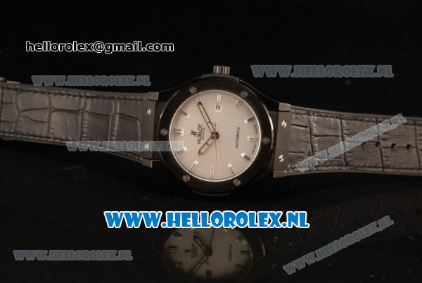 Hublot Classic Fusion 9015 Auto PVD Case with White Dial and Black Leather Strap - Click Image to Close