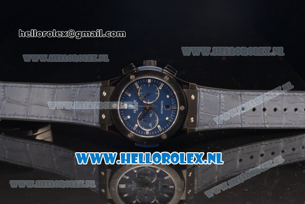 Hublot Classic Fusion Chronograph 7750 Auto PVD Case with Blue Dial and Blue Leather Strap - Click Image to Close