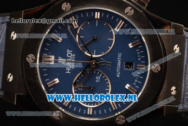 Hublot Classic Fusion Chronograph 7750 Auto PVD Case with Blue Dial and Blue Leather Strap - Click Image to Close
