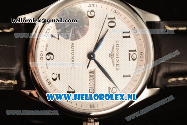 Longines Master 2824 Auto Steel Case with White Dial and Black Leather Strap - Click Image to Close