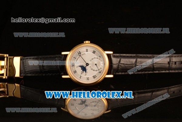 Breguet Classique Moonphase 9015 Auto Yellow Gold Case with White Dial and Black Leather Strap - Click Image to Close