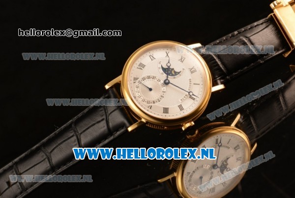 Breguet Classique Moonphase 9015 Auto Yellow Gold Case with White Dial and Black Leather Strap - Click Image to Close