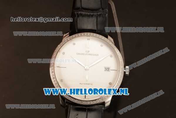Girard Perregaux 1966 9015 Auto Steel Case with White Dial and Black Leather Strap - Click Image to Close