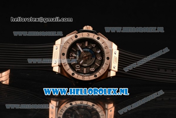 Hublot Big Bang Unico GMT Asia Auto Rose Gold Case with Skeleton Dial and Black Rubber Strap - Click Image to Close