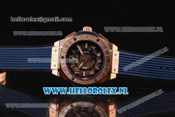 Hublot Big Bang Unico GMT Asia Auto Rose Gold Case with Skeleton Dial and Blue Rubber Strap - Click Image to Close