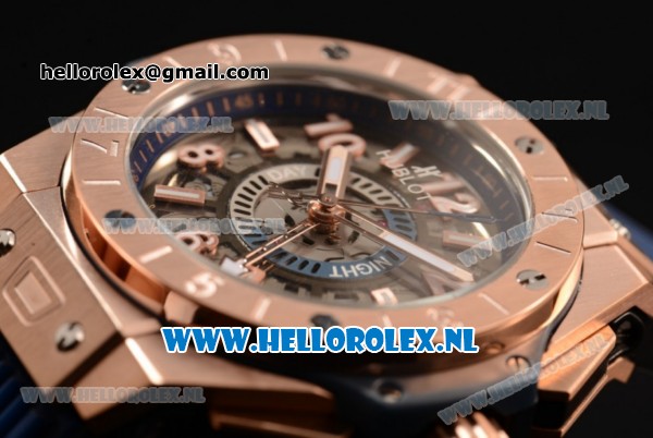 Hublot Big Bang Unico GMT Asia Auto Rose Gold Case with Skeleton Dial and Blue Rubber Strap - Click Image to Close