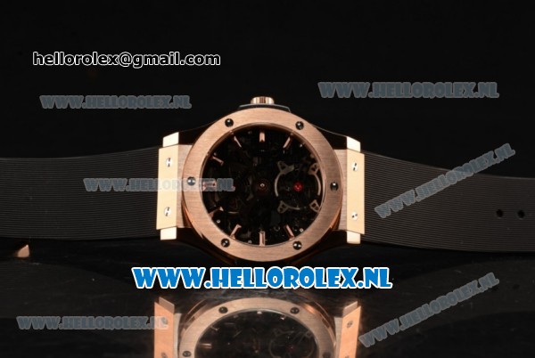 Hublot Classic Fusion Skeleton Tourbillon Asia Auto Rose Gold Case with Skeleton Dial and Black Leather Strap - Click Image to Close